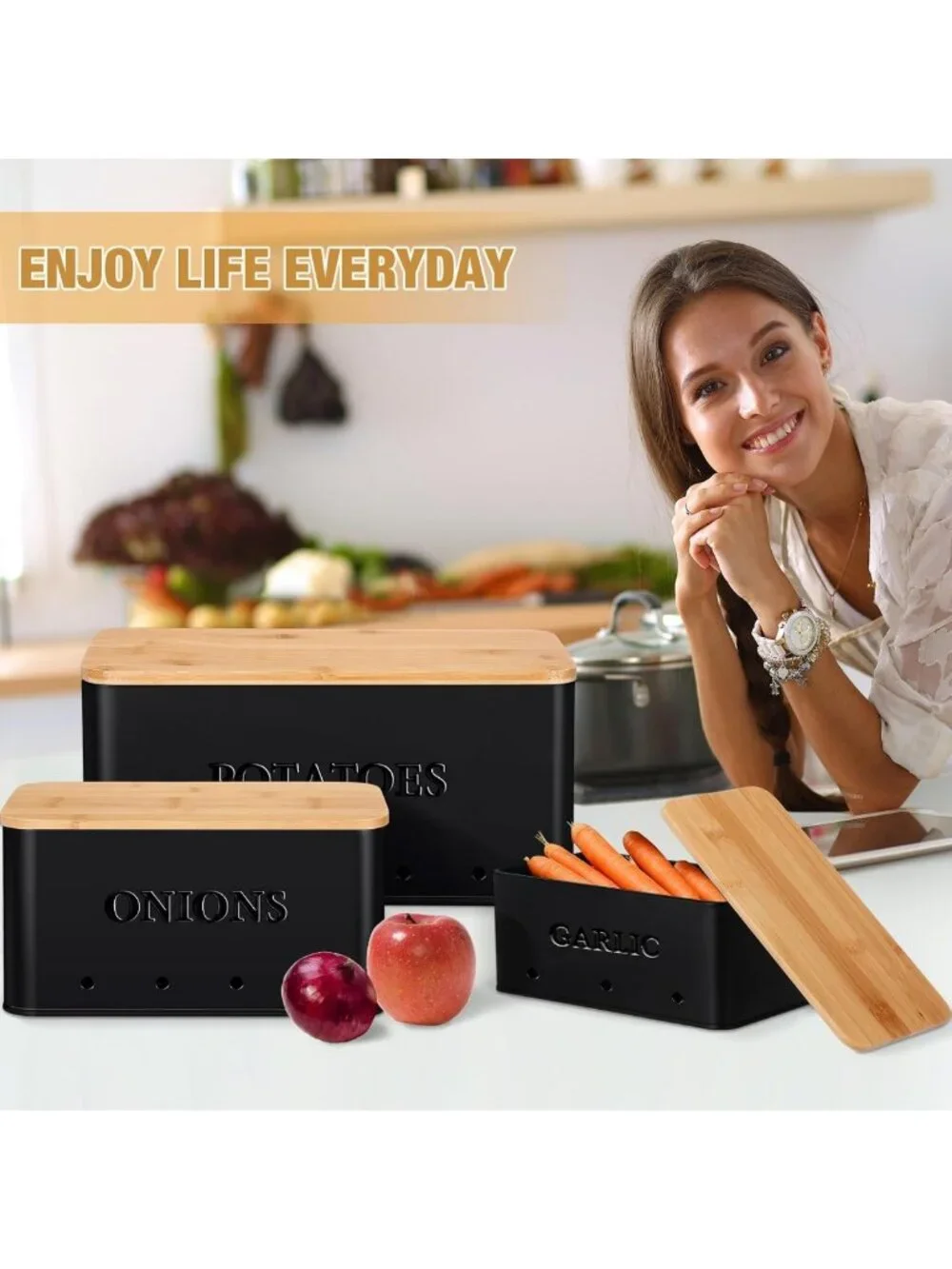 3-Piece Metal Storage Bins Set for Potatoes, Onions & Garlic - Stylish Black
